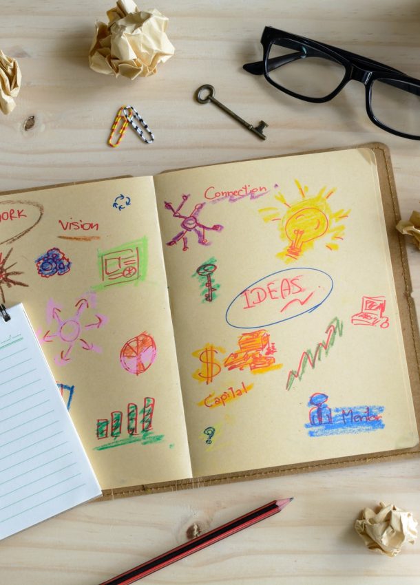 Businessman desk office marketing Planner and Strategy idea